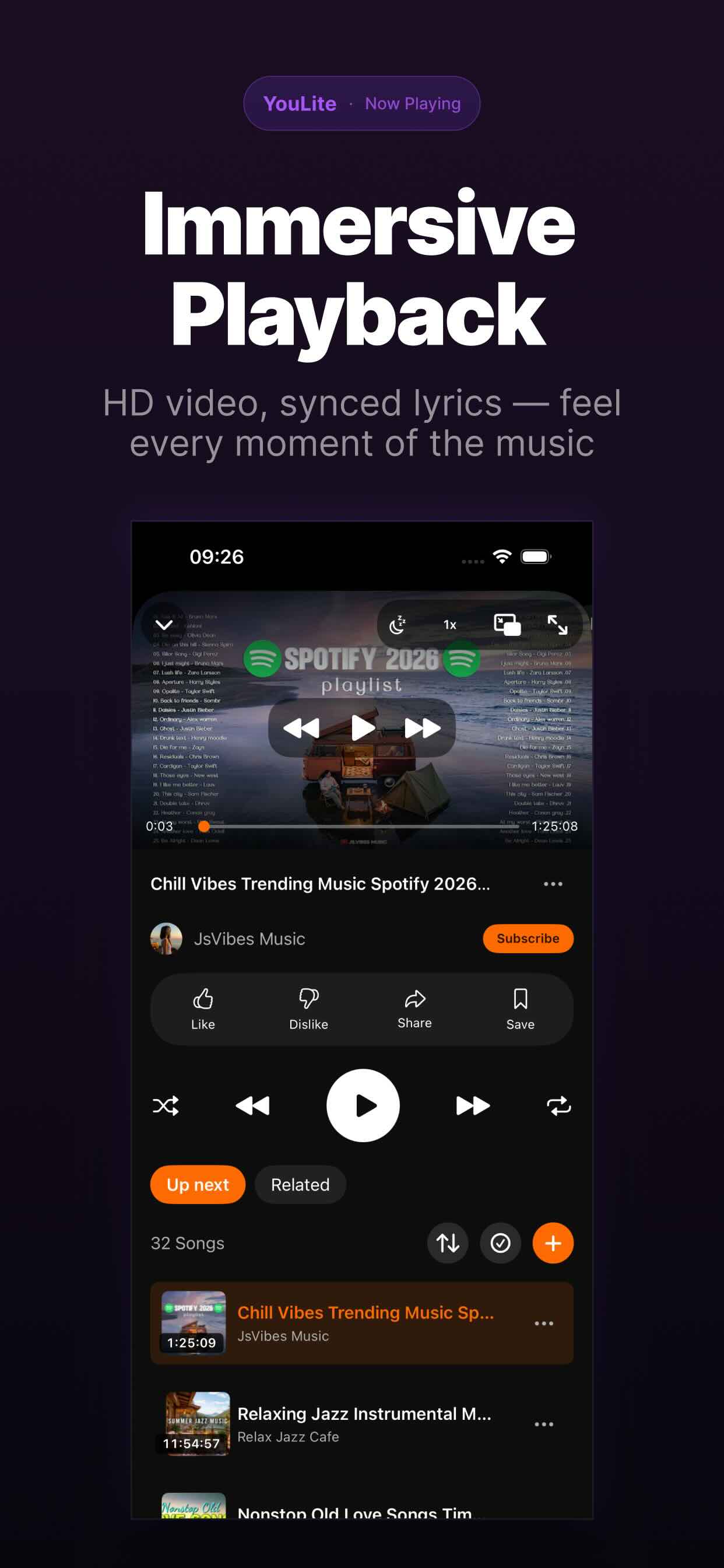 Mixtube Now Playing — immersive video and queue controls