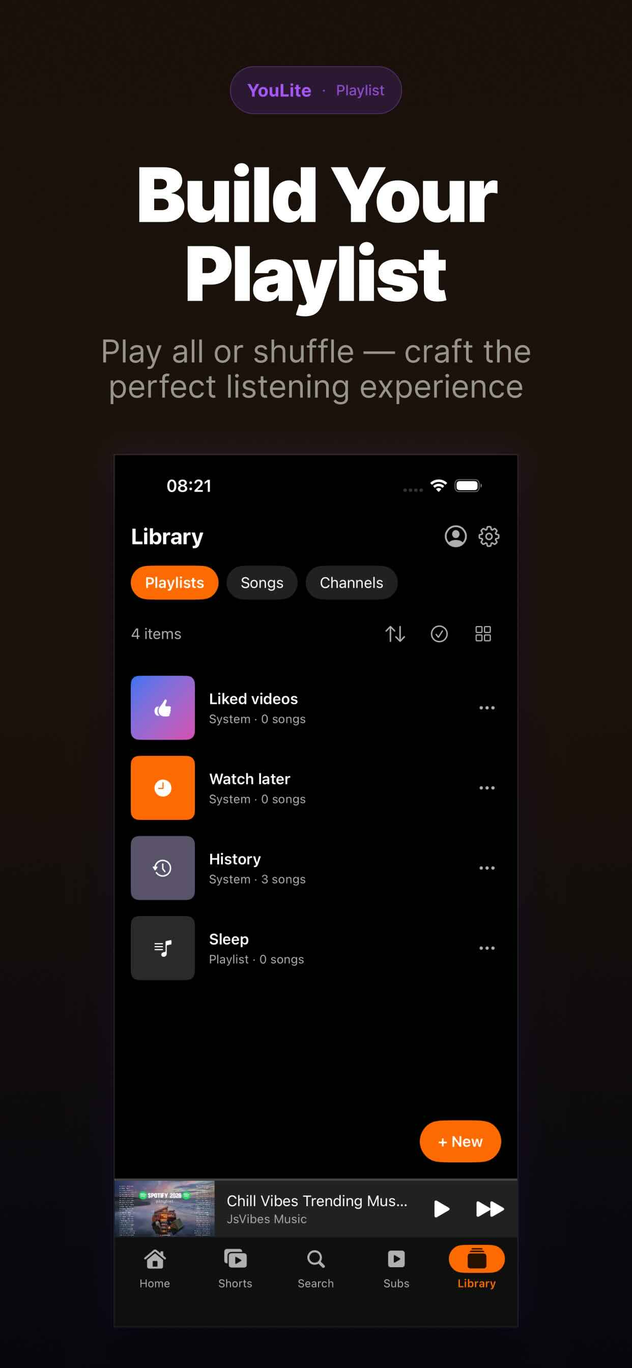 Mixtube playlists — play all or shuffle your collection